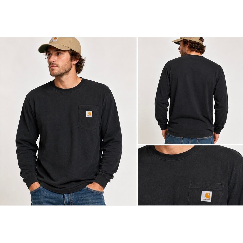 Carhartt Pocket Long Sleeve T Shirt Mens Large Black Loose Fit Workwear